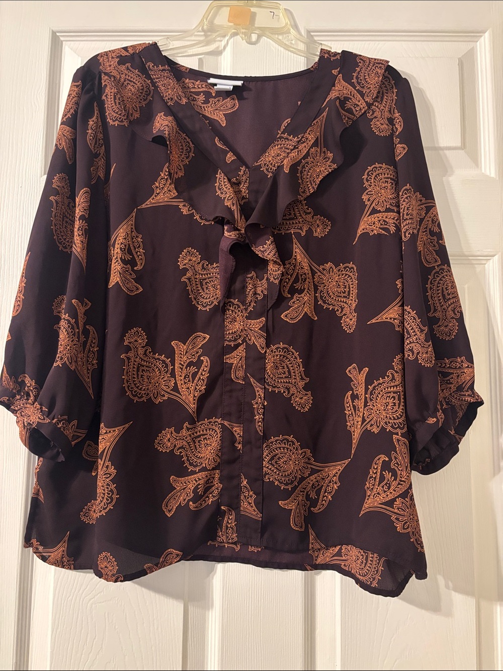 Liz Claiborne Brown Paisley Ruffle V-Neck Blouse